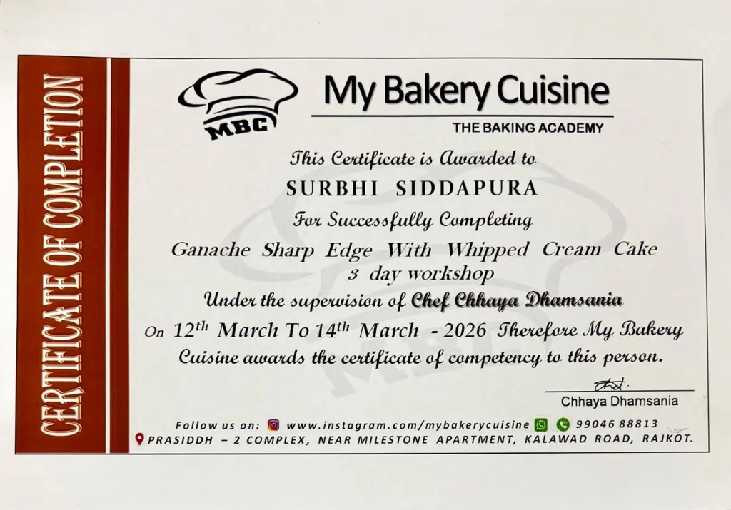 My Bakery Cuisine Cake Baking Certificate awarded to Surbhi Siddhpura